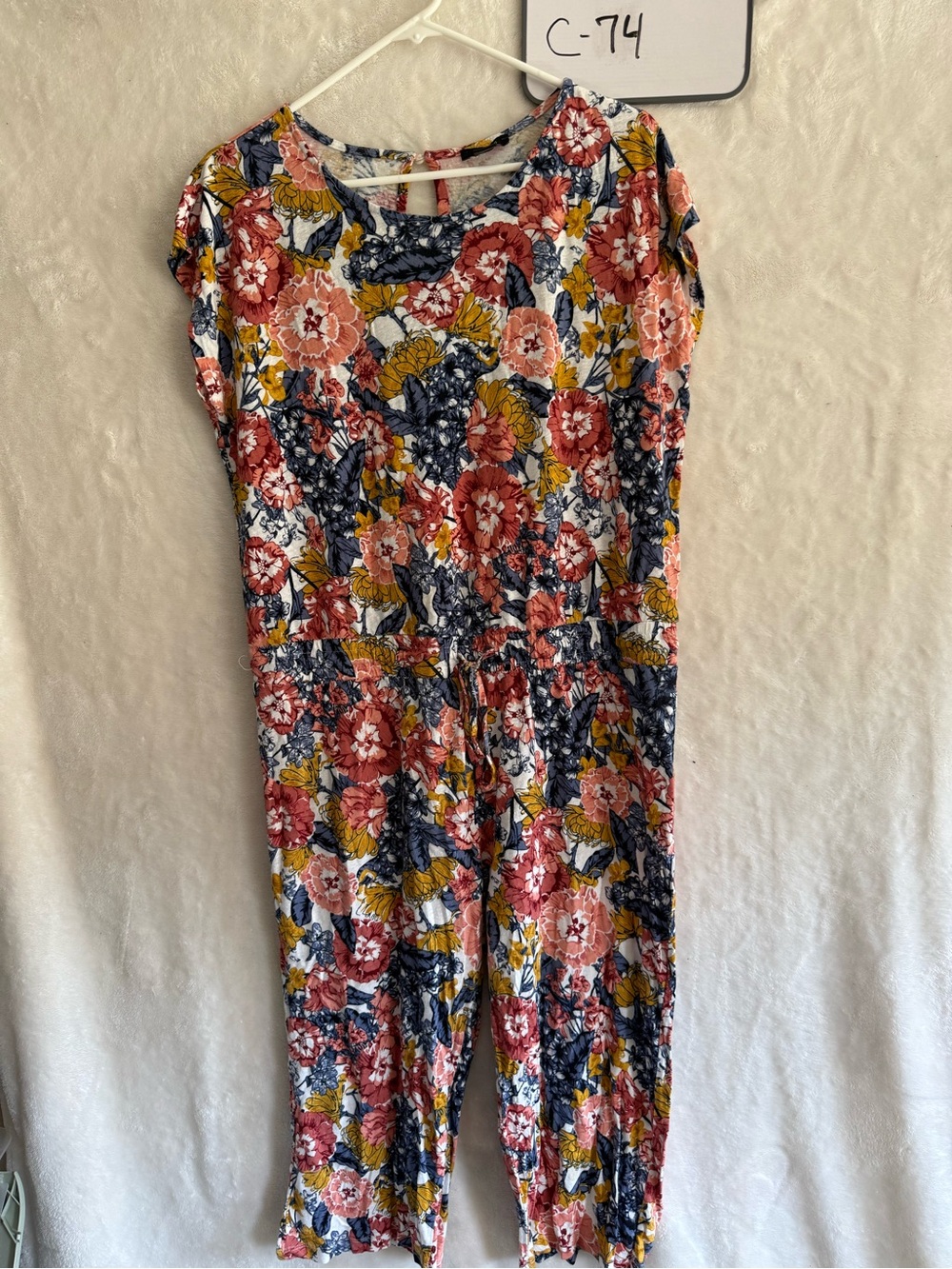 Floral Drawstring Jumpsuit in Coral, Navy & Mustard